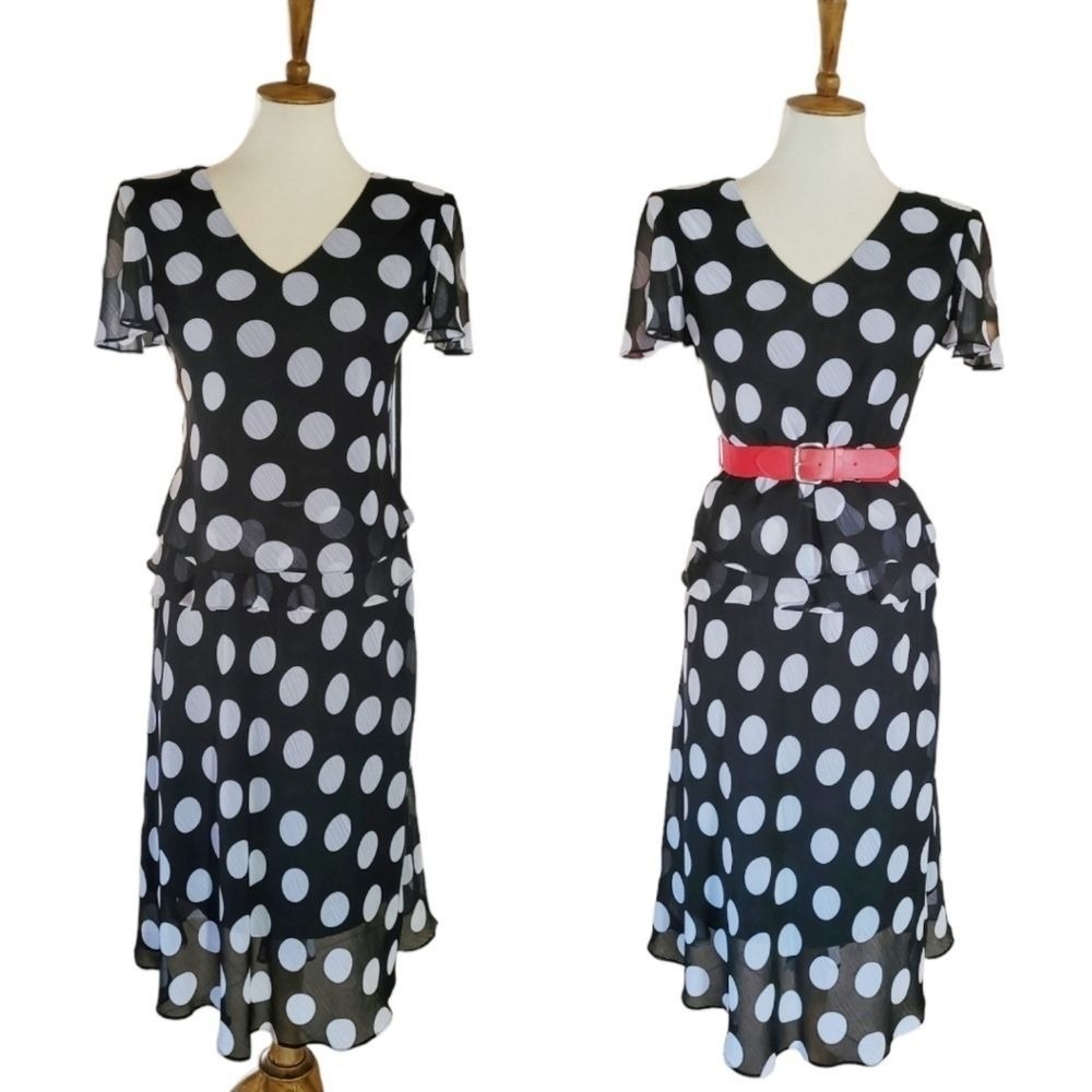 Sheri Martin New York Polka Dot 2 Piece Peplum Top & Tiered Midi Skirt Set 6 - Picture 2 of 7